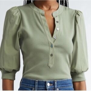 Veronica Beard Jeans Sage Green Ribbed Puff Sleeve Henley Top Small
